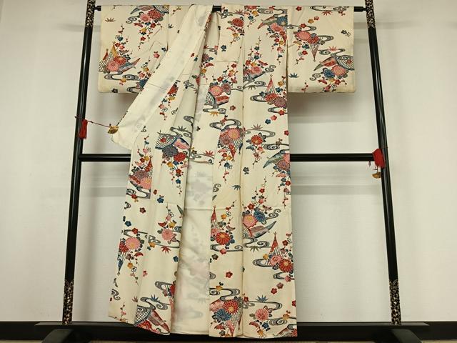 平和屋着物▽上質な小紋 単衣 型染め 流水花籬文 正絹 逸品 AABI9594jh