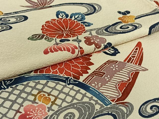 平和屋着物▽上質な小紋 単衣 型染め 流水花籬文 正絹 逸品 AABI9594jh