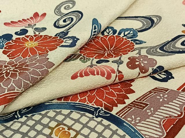 平和屋着物▽上質な小紋 単衣 型染め 流水花籬文 正絹 逸品 AABI9594jh
