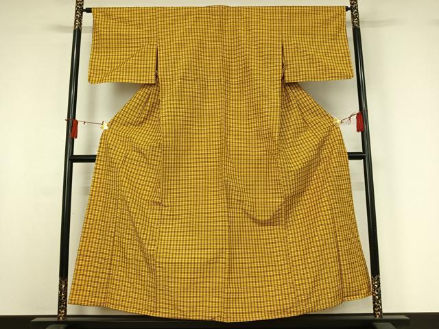 平和屋着物▽上質な紬 単衣 格子 正絹 逸品 AABI9597jh