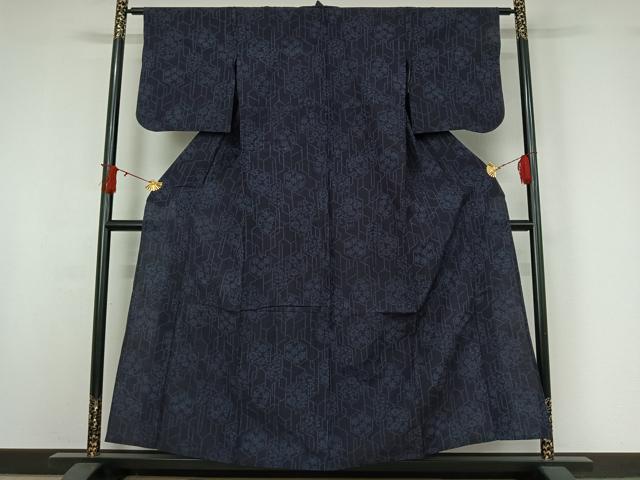 平和屋着物▽結城紬 単衣 幾何学花文 正絹 逸品 AABI9598jh