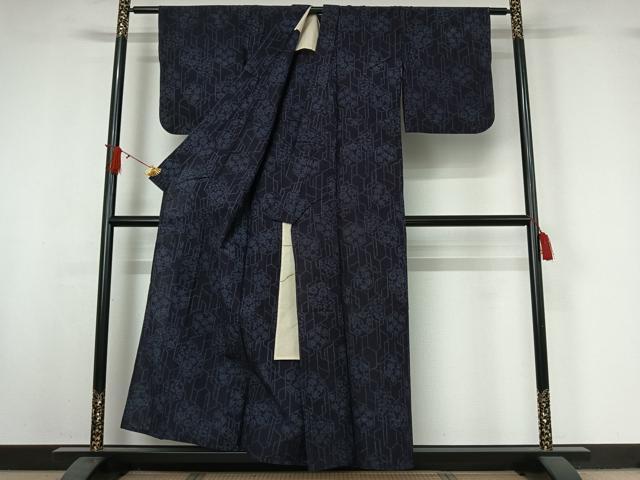 平和屋着物▽結城紬 単衣 幾何学花文 正絹 逸品 AABI9598jh