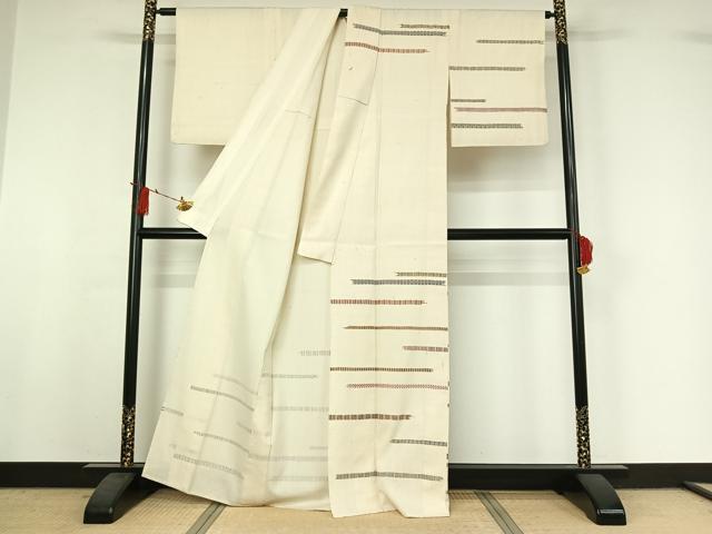 平和屋着物▽訪問着 単衣 紬地 横段文 銀彩 正絹 逸品 AABI9603jh