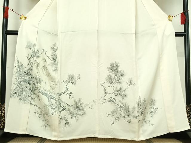 平和屋着物▽訪問着 単衣 手描き 松文 鳥 正絹 逸品 AABI9604jh