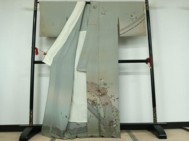 平和屋着物▽中国三大刺繍 汕頭刺繍 スワトウ刺繍 訪問着 単衣 総刺繍 草花文 金糸 正絹 逸品 AABI9607jh