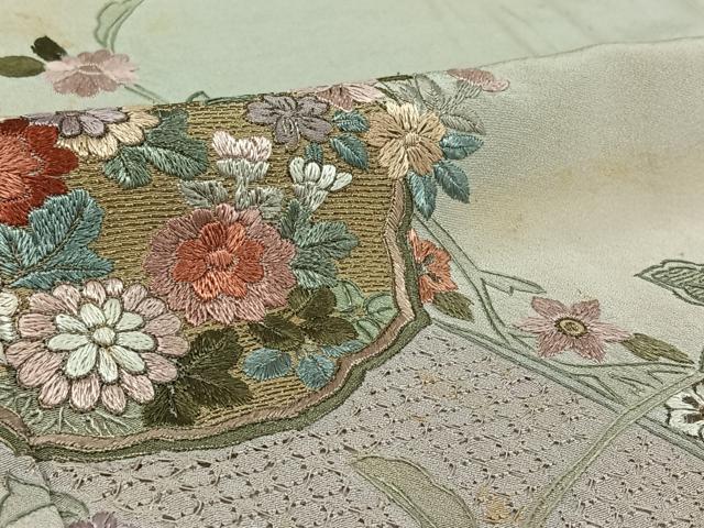 平和屋着物▽中国三大刺繍 汕頭刺繍 スワトウ刺繍 訪問着 単衣 総刺繍 草花文 金糸 正絹 逸品 AABI9607jh