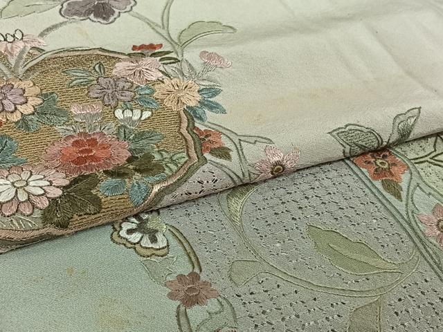平和屋着物▽中国三大刺繍 汕頭刺繍 スワトウ刺繍 訪問着 単衣 総刺繍 草花文 金糸 正絹 逸品 AABI9607jh