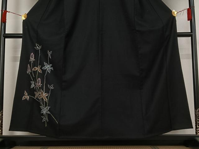 平和屋着物▽訪問着 単衣 総刺繍 草花文 黒地 金銀糸 AABI9608jh