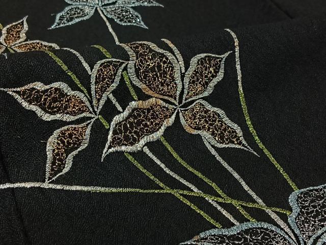 平和屋着物▽訪問着 単衣 総刺繍 草花文 黒地 金銀糸 AABI9608jh