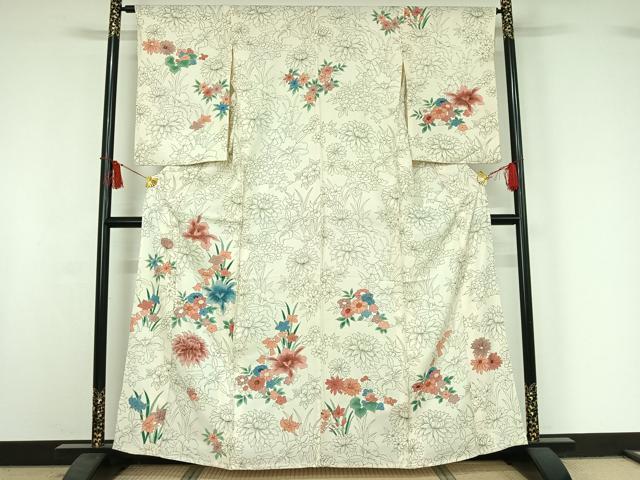 平和屋着物▽訪問着 単衣 手描き 草花文 金彩 正絹 逸品 AABI9609jh