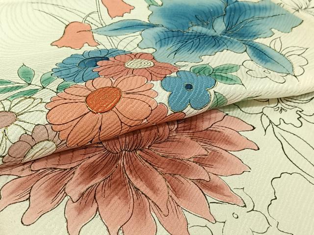 平和屋着物▽訪問着 単衣 手描き 草花文 金彩 正絹 逸品 AABI9609jh