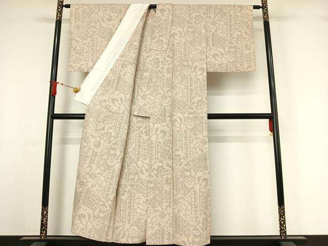 平和屋着物▽結城紬 単衣 80亀甲 切嵌花唐草文 正絹 逸品 AABI9615jh