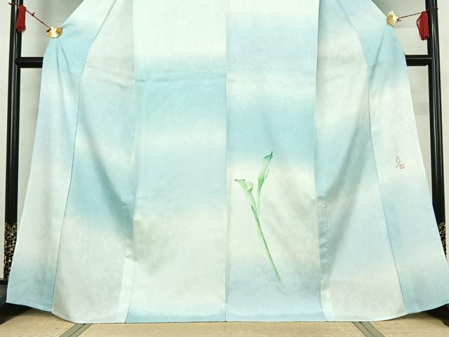 平和屋着物▽訪問着 単衣 紬地 作家物 手描き 草葉文 暈し染め さが美扱い 正絹 逸品 AABI9621jh
