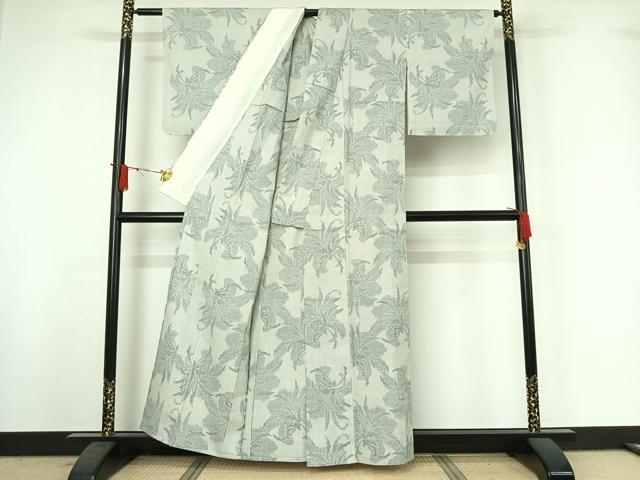 平和屋着物▽本場結城紬 重要無形文化財 単衣 100亀甲 草花文 藍白色地 正絹 逸品 AABI9626jh