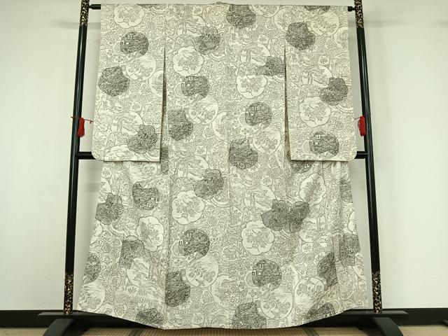 平和屋着物▽小振袖 二尺袖 単衣 手描き 花絵皿文 正絹 逸品 AABI9635jh