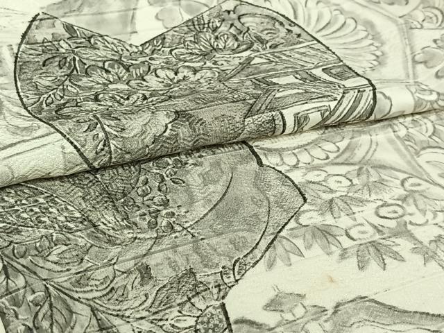 平和屋着物▽小振袖 二尺袖 単衣 手描き 花絵皿文 正絹 逸品 AABI9635jh