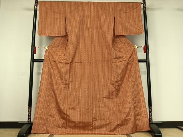 平和屋着物▽上質な紬 単衣 縞 正絹 逸品 AABI9637jh