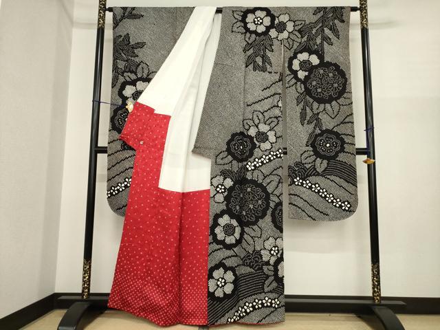 平和屋着物●豪華振袖 総絞り 立波花文 黒地 正絹 逸品 未使用 AABI9661ck