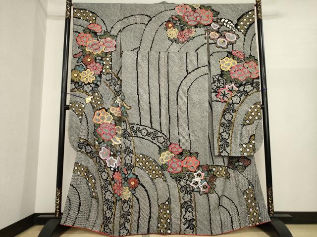 平和屋着物●豪華振袖 総絞り 立波花文 黒地 金彩 正絹 逸品 AABI9665ck