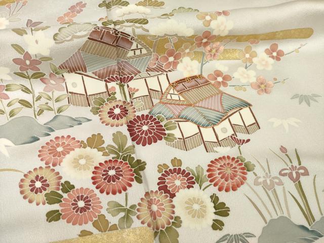 平和屋着物●訪問着 駒刺繍 風景花文 金彩 ロング丈 正絹 逸品 AABI9670ck