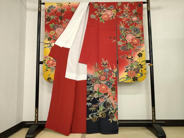 平和屋着物●手ざし京紅型染・宮崎紅型 宮崎良次 振袖・長襦袢(無双仕立て)セット 風景花鳥文 暈し染め 正絹 逸品 AABI9687ck