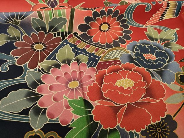 平和屋着物●手ざし京紅型染・宮崎紅型 宮崎良次 振袖・長襦袢(無双仕立て)セット 風景花鳥文 暈し染め 正絹 逸品 AABI9687ck