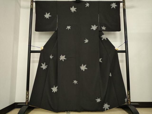 平和屋着物●上質な小紋 総絞り 楓 黒地 正絹 逸品 AABI9694ck