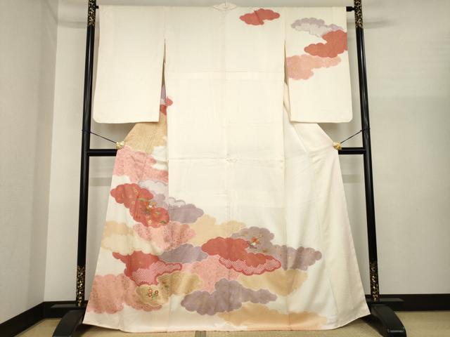 平和屋着物●訪問着 絞り 刺繍 雲重ね花文 正絹 逸品 AABI9696ck
