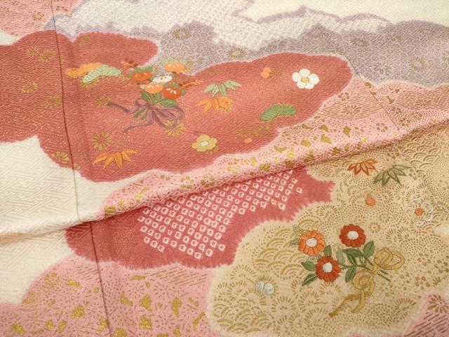 平和屋着物●訪問着 絞り 刺繍 雲重ね花文 正絹 逸品 AABI9696ck