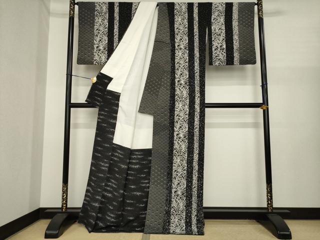 平和屋着物●伝統工芸士 水谷滉 小紋 間道 黒地 正絹 逸品 AABI9702ck