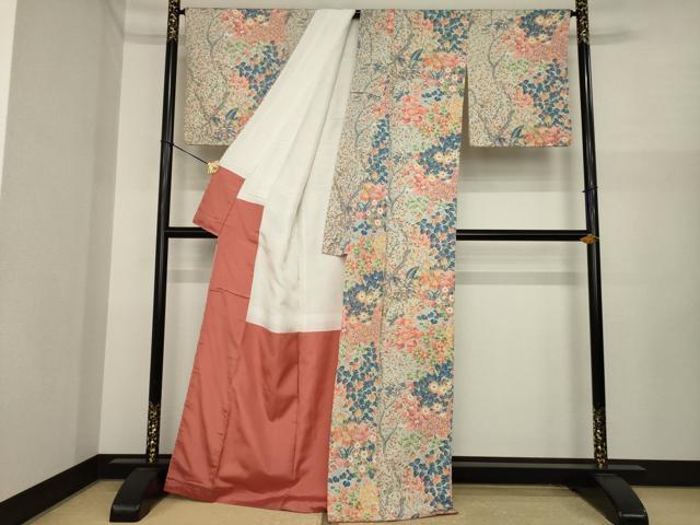 平和屋着物●上質な小紋 友禅 紬地 枝花文 正絹 逸品 AABI9704ck
