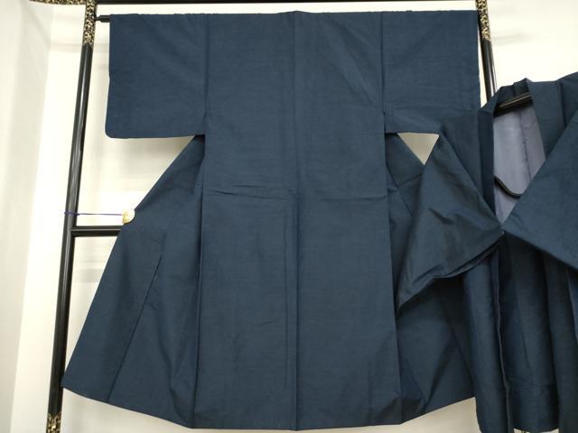 平和屋着物●男性 紬 アンサンブル 色無地 青褐色 正絹 逸品 AABI9717ck