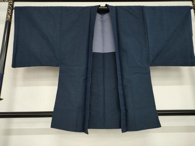 平和屋着物●男性 紬 アンサンブル 色無地 青褐色 正絹 逸品 AABI9717ck