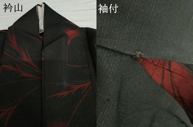 平和屋着物*夏物 小紋 風通紗 枝花文 黒地 銀通し地 AABI9724cs