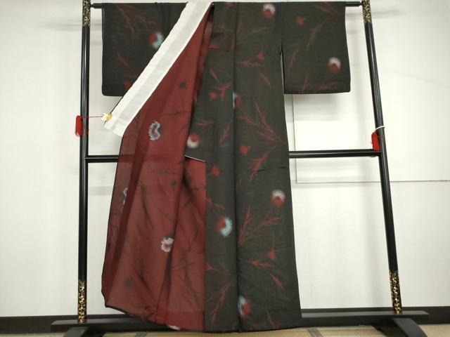 平和屋着物*夏物 小紋 風通紗 枝花文 黒地 銀通し地 AABI9724cs