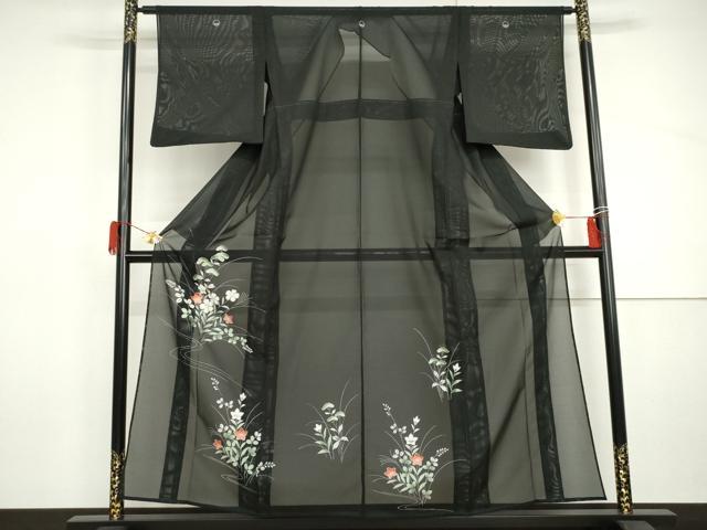 平和屋着物*夏物 黒留袖 絽 流水草花文 洗える着物 未使用 AABI9743cs