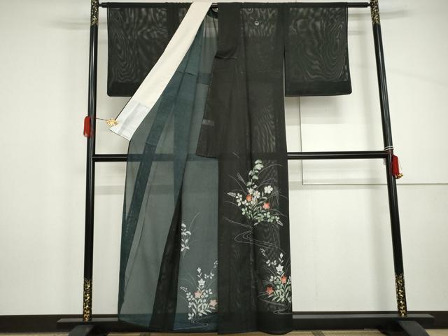 平和屋着物*夏物 黒留袖 絽 流水草花文 洗える着物 未使用 AABI9743cs
