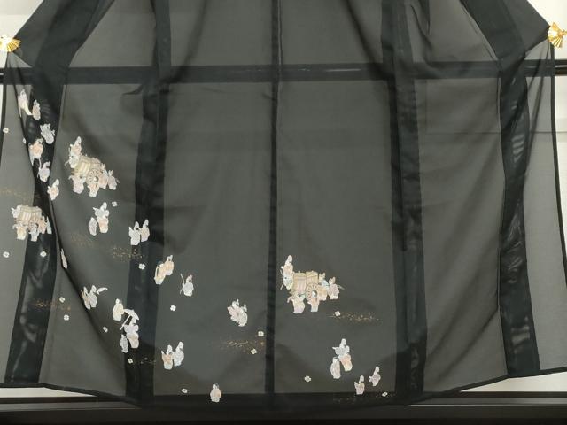 平和屋着物*夏物 訪問着 絽 御所車人物風景文 黒地 金彩 洗える着物 AABI9780cs
