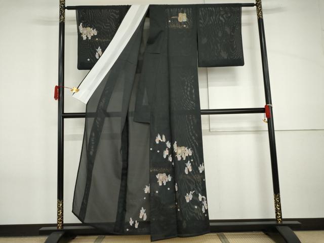 平和屋着物*夏物 訪問着 絽 御所車人物風景文 黒地 金彩 洗える着物 AABI9780cs