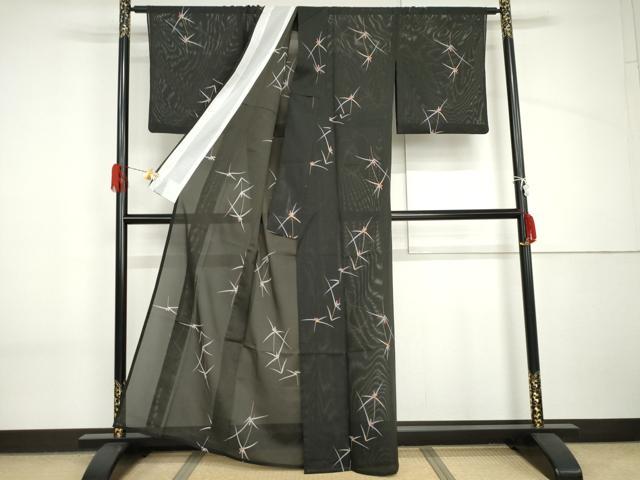 平和屋着物*夏物 小紋 絽 枝花文 黒地 洗える着物 AABI9793cs