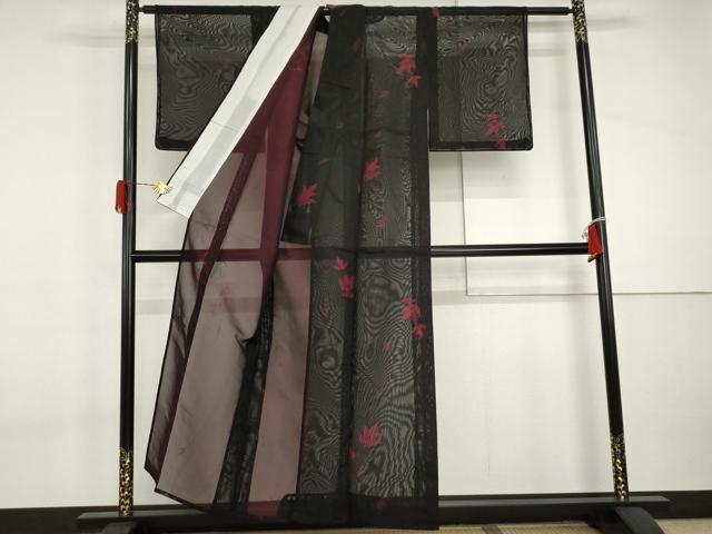 平和屋着物*夏物 小紋 紗 枝花文 黒地 正絹 逸品 未使用 AABI9812cs