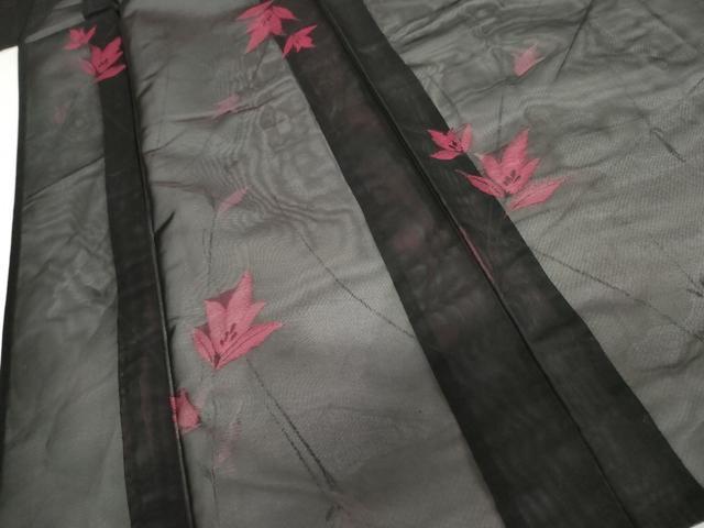 平和屋着物*夏物 小紋 紗 枝花文 黒地 正絹 逸品 未使用 AABI9812cs