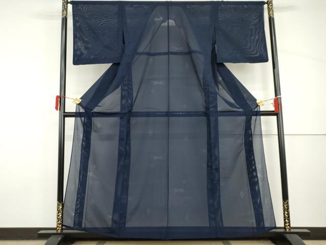平和屋着物*夏物 色無地 縦絽 琉球絣紋紗 紺色 正絹 逸品 AABI9819cs