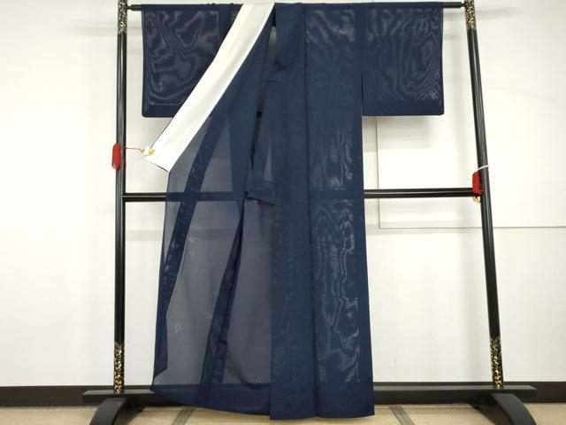 平和屋着物*夏物 色無地 縦絽 琉球絣紋紗 紺色 正絹 逸品 AABI9819cs