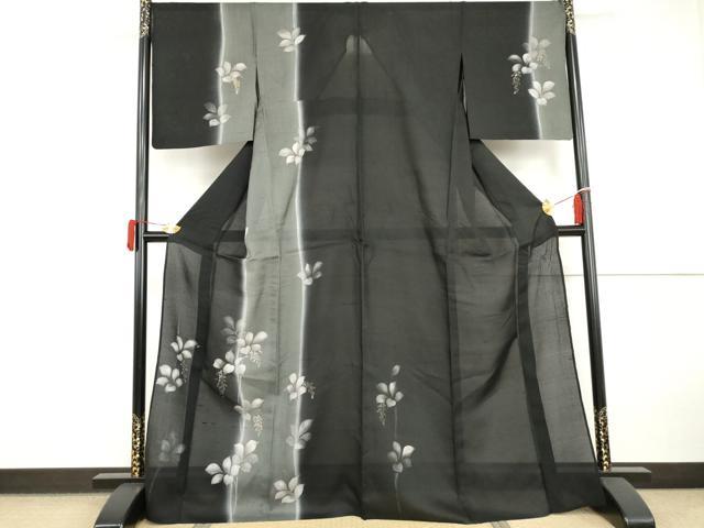 平和屋着物*夏物 訪問着 紗紬 枝葉文 黒地 金彩 正絹 逸品 AABI9822cs