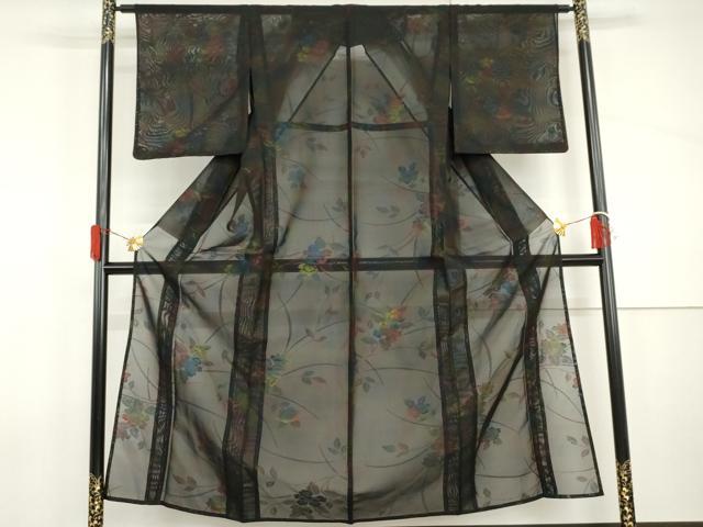 平和屋着物*夏物 小紋 風通紗 枝花文 黒地 正絹 逸品 未使用 AABI9825cs