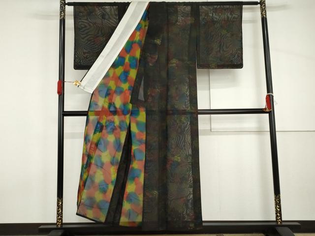 平和屋着物*夏物 小紋 風通紗 枝花文 黒地 正絹 逸品 未使用 AABI9825cs
