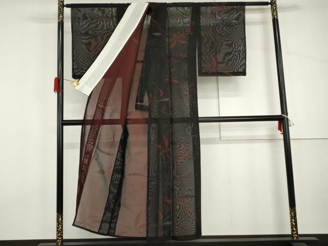 平和屋着物*夏物 小紋 枝葉文 黒地 銀糸 正絹 逸品 未使用 AABI9828cs