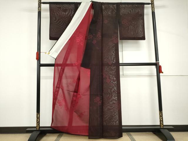 平和屋着物*夏物 小紋 紗 枝花文 黒地 正絹 逸品 AABI9833cs
