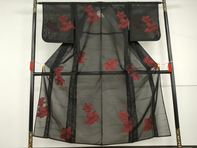 平和屋着物*夏物 小紋 紗 草花文 黒地 正絹 逸品 未使用 AABI9839cs